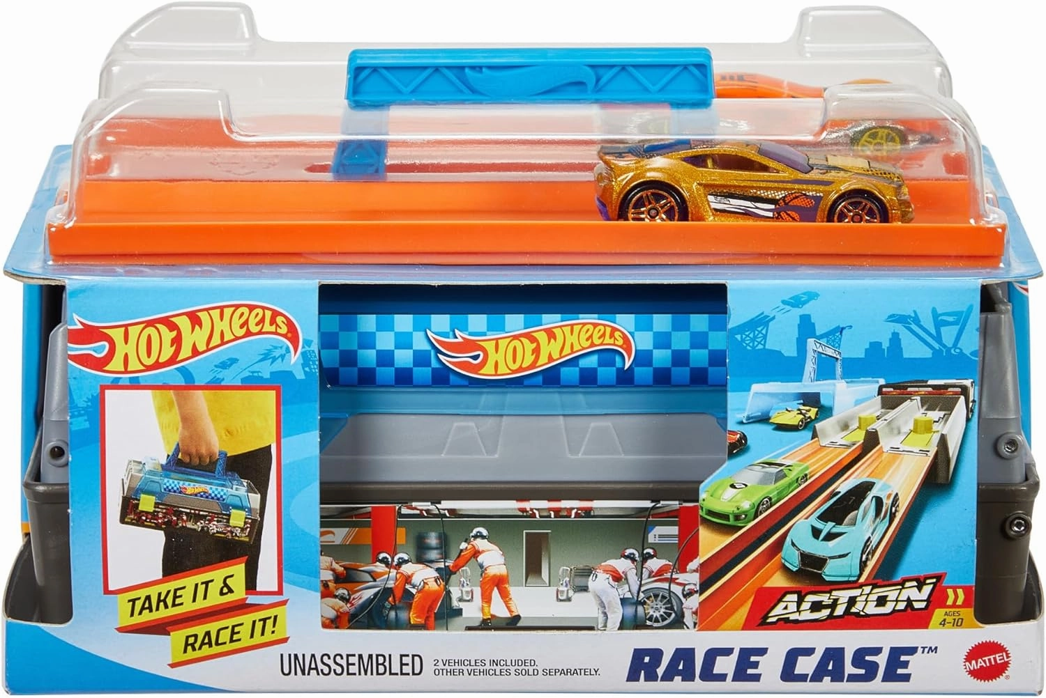 Hot Wheels Toy Cars & Track Set, Race Case Playset with 2 Vehicles in 1:64 Scale, Dual Launcher for Side-By-Side Racing & Portable Storage Container