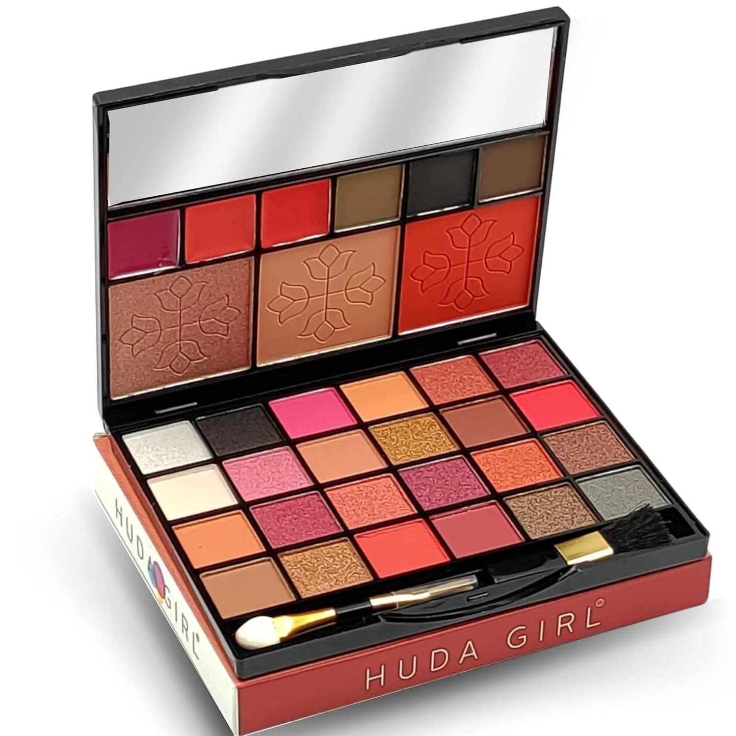 HUDA.GIRL All in One Makeup Kit with Mirror - Includes 24 Eyeshadow Palette with Brush, 3 Eyebrow Powder, 3 Lip Gloss, 2 Applicator, Blush Contour and Highlighter Palette for Girl & Womens