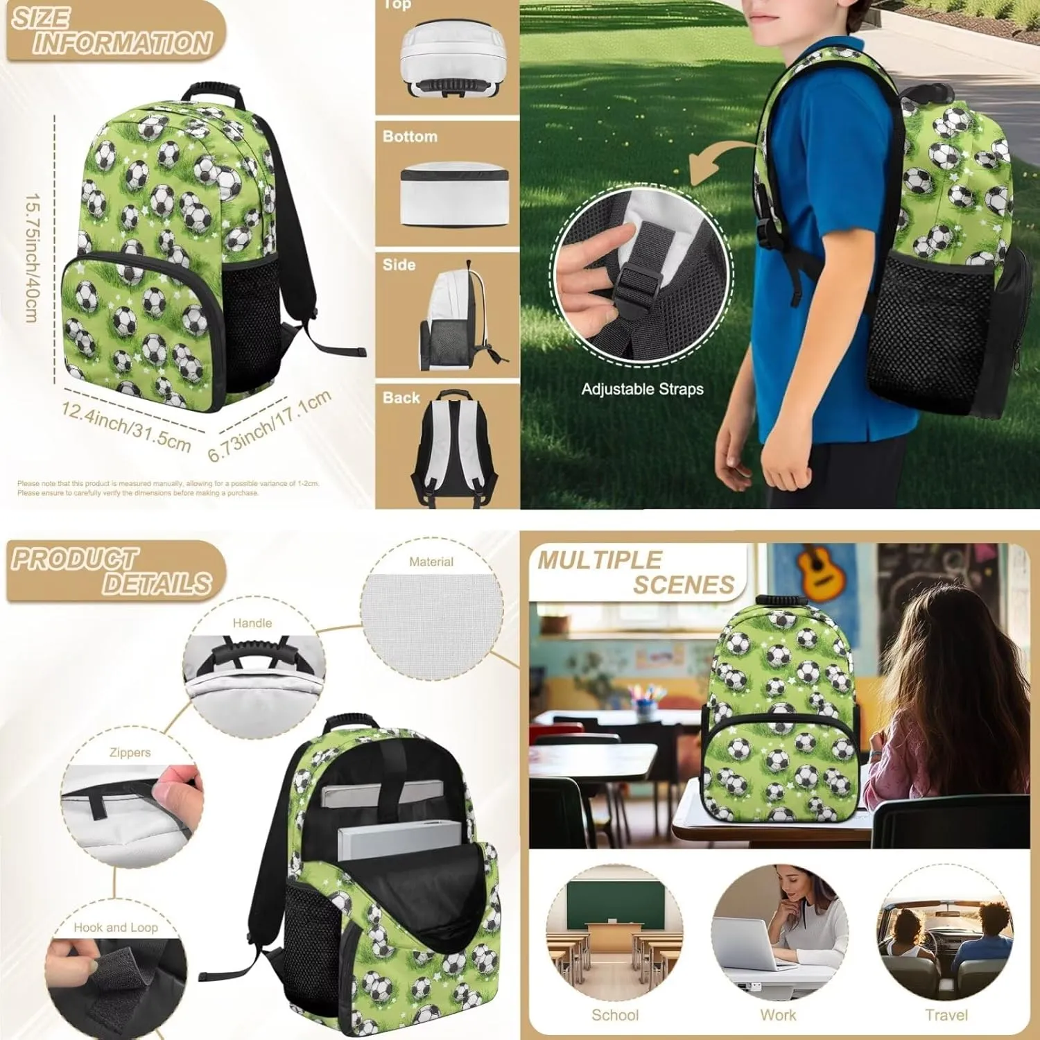 HUGS IDEA Grassland Football Toddler Book Bags Ages 2-4 Boys Cute School Backpack for Kindergarten Boys 15 Inch Bookbag with Lunchbox for Preschool Multifunctional Children Rucksack
