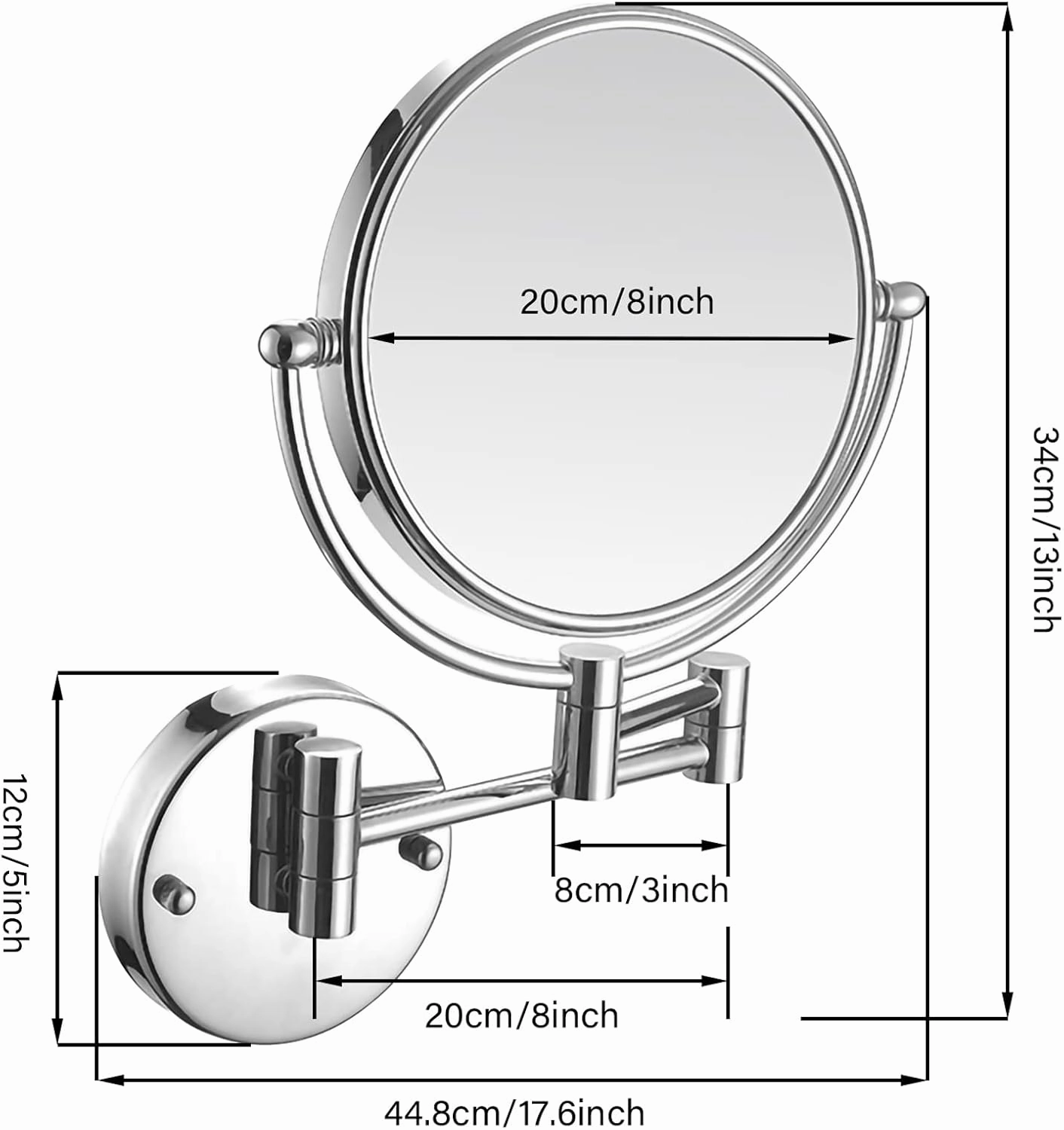 HUHJYUGE Double Sided Makeup Mirror Wall Mounted with 3X/5X/7X/10X Magnification, Bathroom Mirror 360 Degree Rotation, Extend Retractable Shaving Mirrors for Vanity (Nickel Brushed 5X)