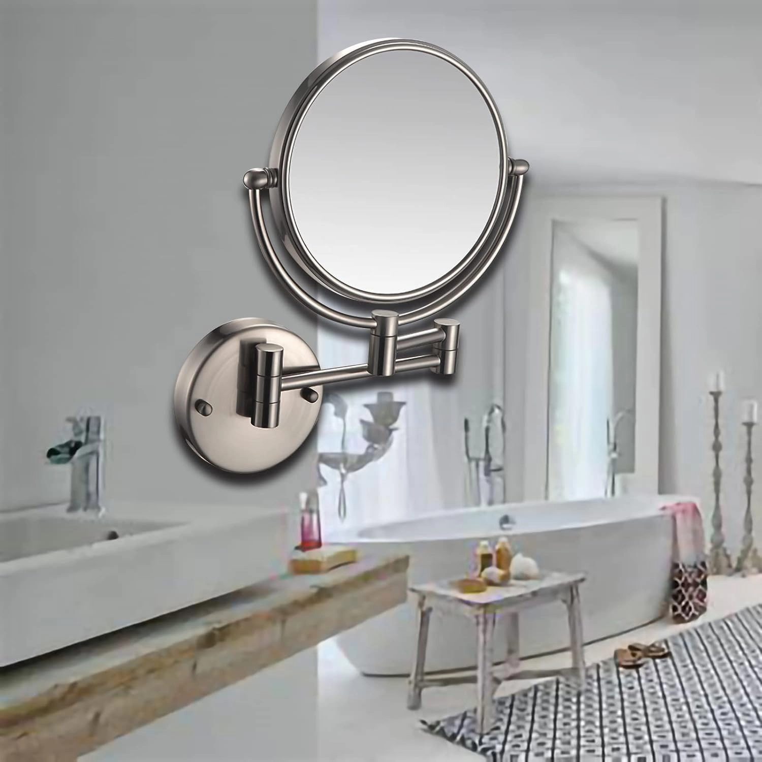 HUHJYUGE Double Sided Makeup Mirror Wall Mounted with 3X/5X/7X/10X Magnification, Bathroom Mirror 360 Degree Rotation, Extend Retractable Shaving Mirrors for Vanity (Nickel Brushed 5X)