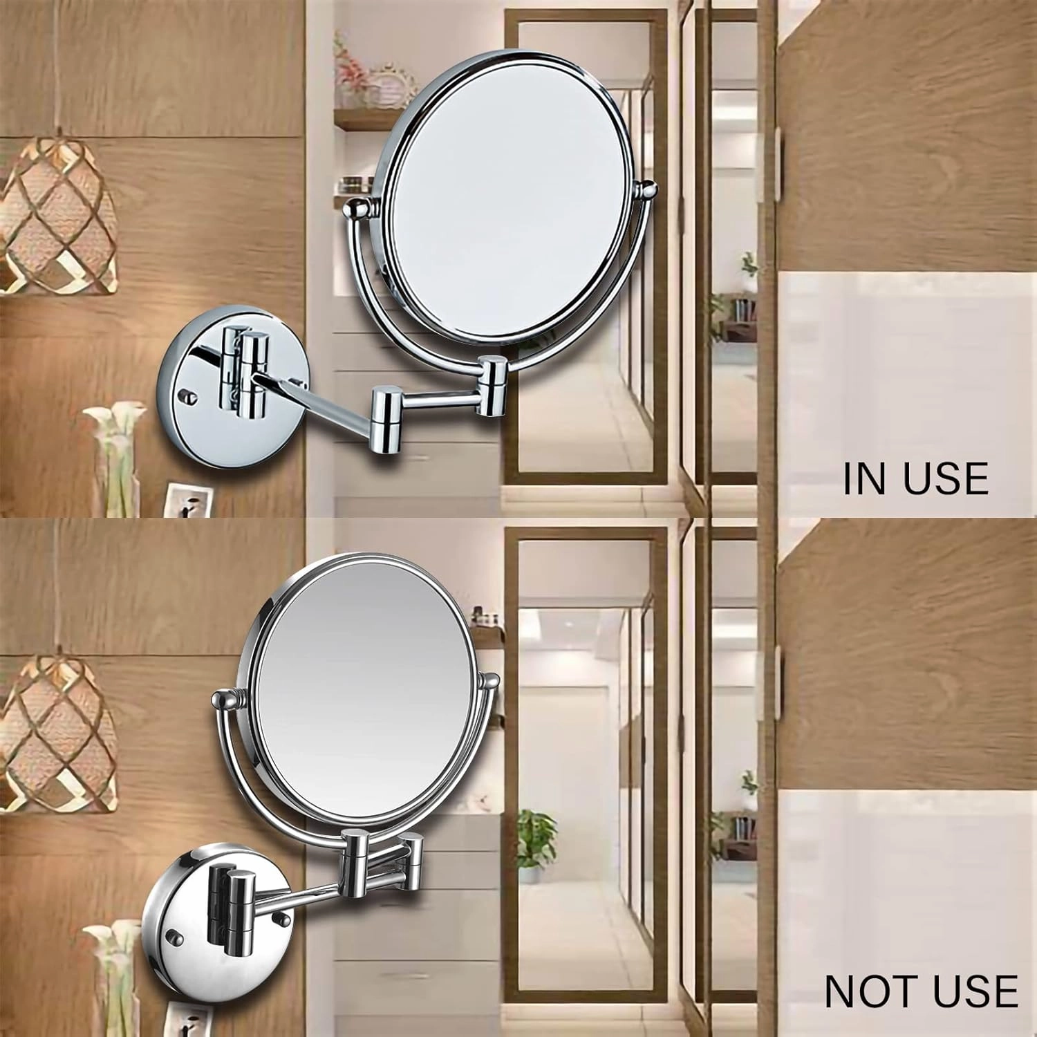 HUHJYUGE Double Sided Makeup Mirror Wall Mounted with 3X/5X/7X/10X Magnification, Bathroom Mirror 360 Degree Rotation, Extend Retractable Shaving Mirrors for Vanity (Nickel Brushed 5X)