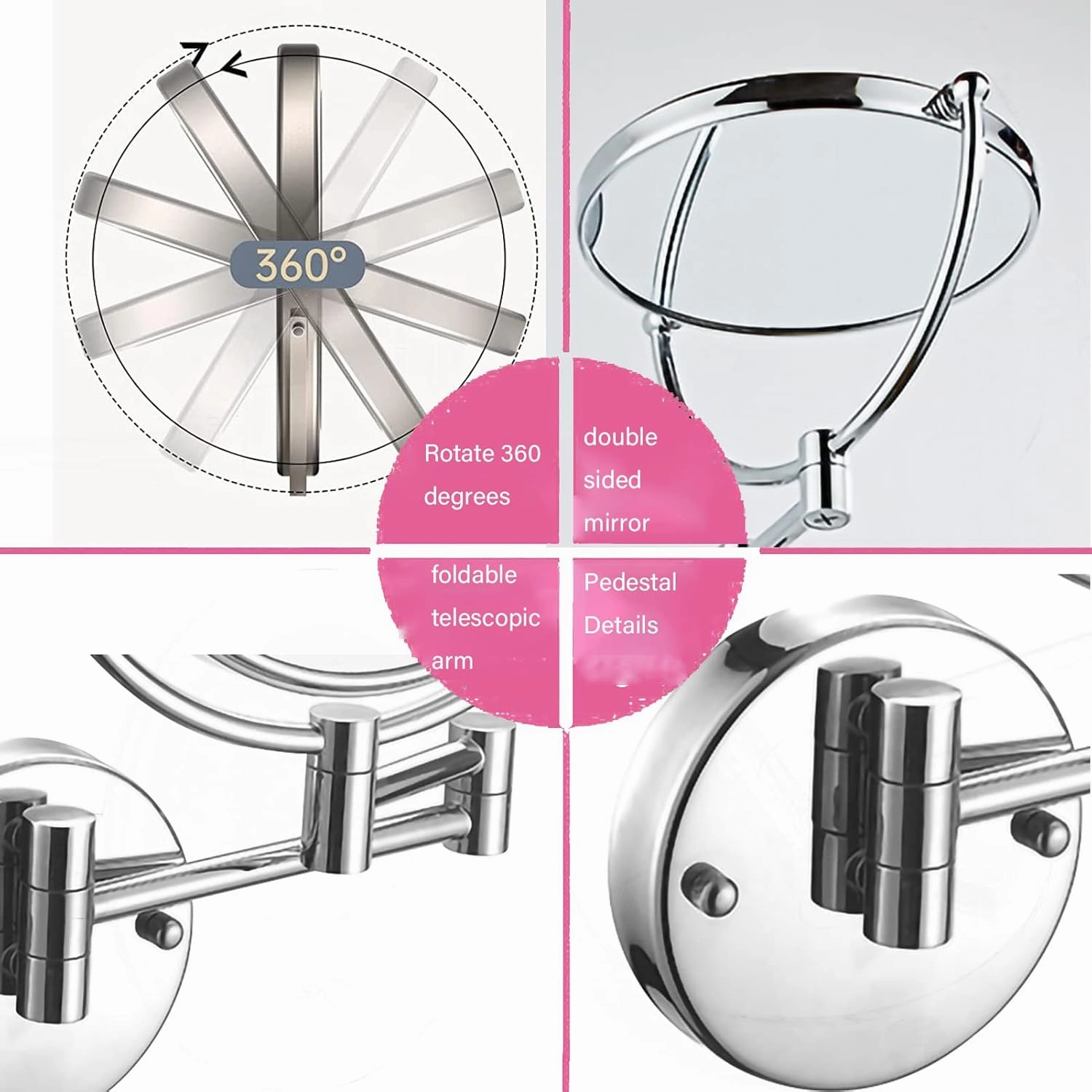 HUHJYUGE Double Sided Makeup Mirror Wall Mounted with 3X/5X/7X/10X Magnification, Bathroom Mirror 360 Degree Rotation, Extend Retractable Shaving Mirrors for Vanity (Nickel Brushed 5X)