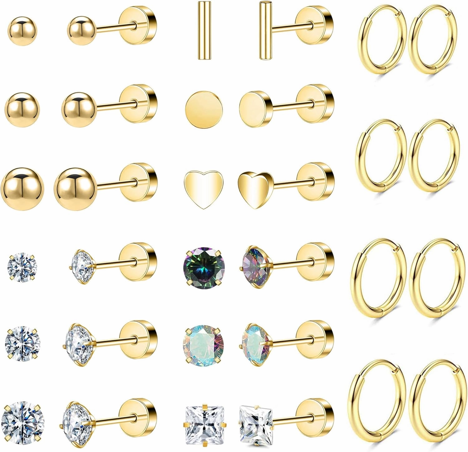 Hypoallergenic Surgical Steel Earrings for Sensitive Ears 14K Gold Stainless Steel Flat Back Earrings for Women Men Small Titanium Earring Flatback Stud Hoop Cartilage Earring Set for Multiple Piercing