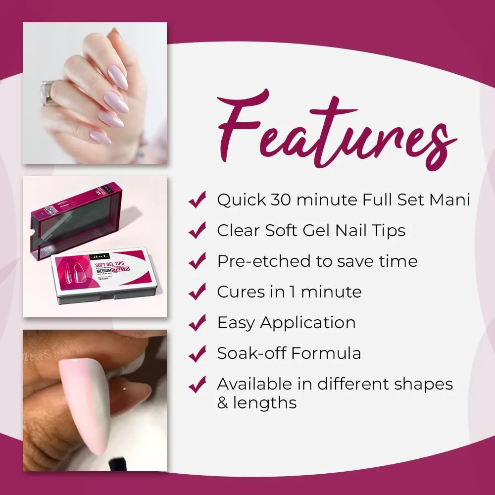 ibd Clear Soft Gel Tips - Medium Stiletto, Full Coverage Nail Extensions, Press-On Nail Kit, 1-pack