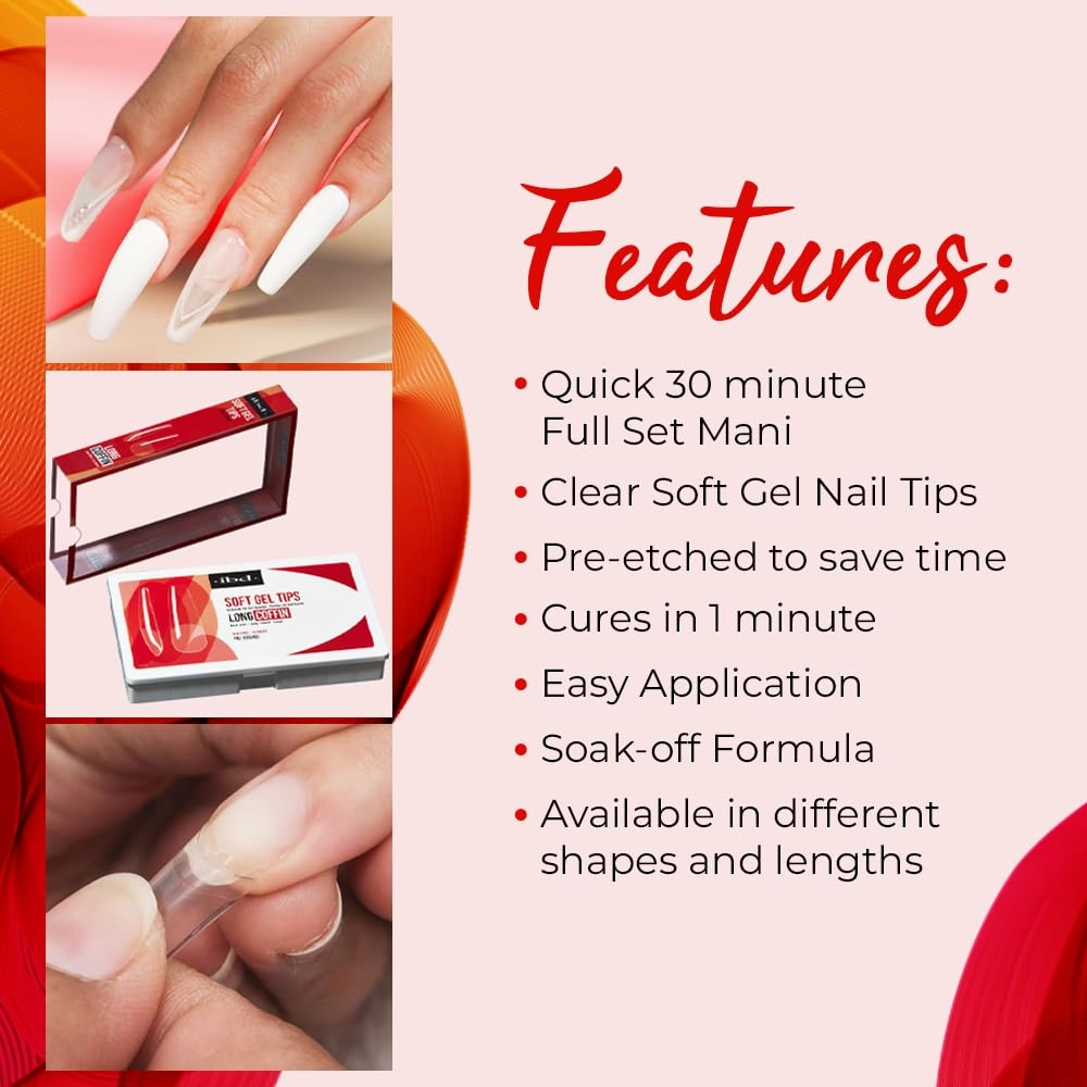 IBD Clear Soft Gel Nail Tips - Long Coffin Shape, Pre-Etched Fake Nail Extensions, Lightweight and Durable Acrylic Press On Nails, 504 Tips, 1-Pack