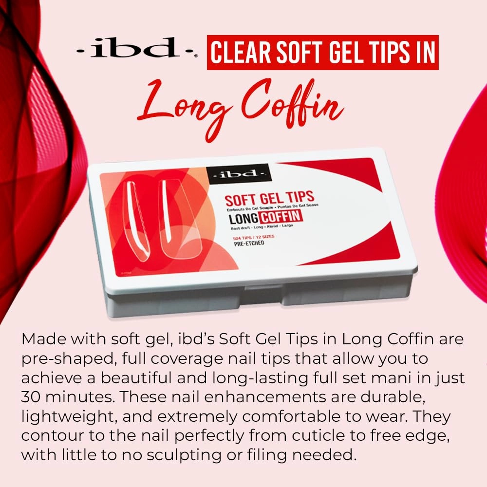 IBD Clear Soft Gel Nail Tips - Long Coffin Shape, Pre-Etched Fake Nail Extensions, Lightweight and Durable Acrylic Press On Nails, 504 Tips, 1-Pack