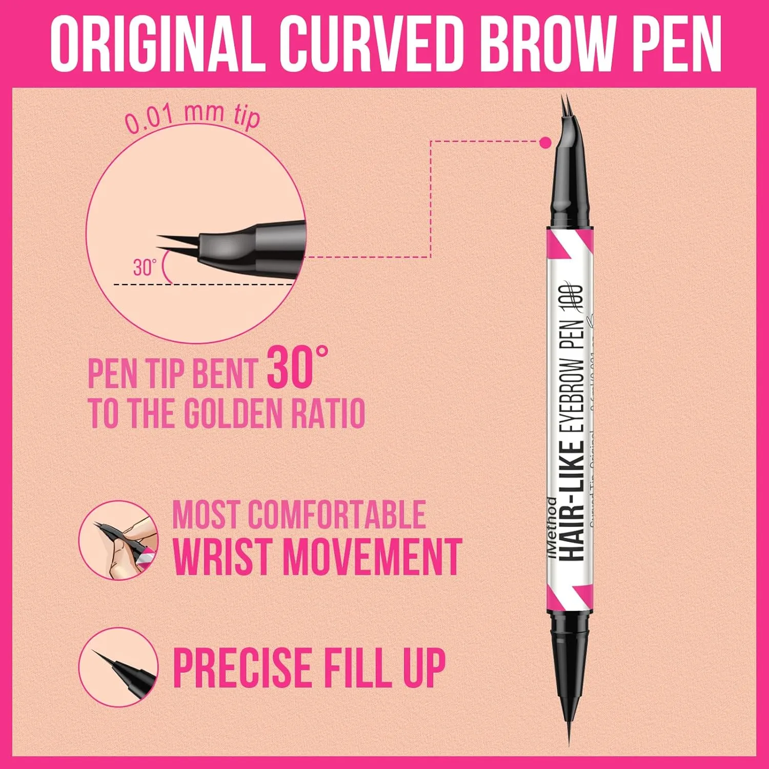 iMethod Curved Eyebrow Pen - Eyebrow Pencil 2-in-1 Dual-Ended Eyebrow Pen with Curved Tip and Precise Brush-Tip, Microblading Eyebrow Pen for Natural Hair-Like Brows, Long Lasting, Brown