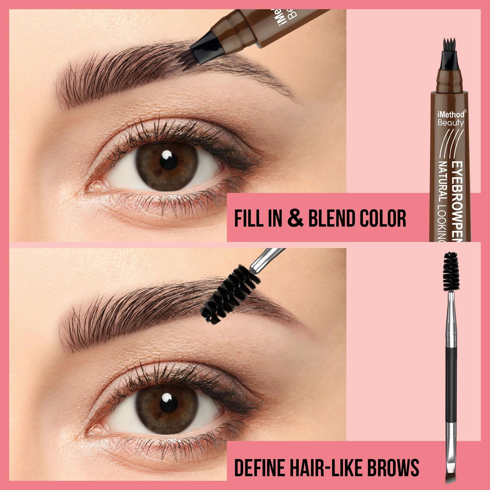 iMethod Microblading Eyebrow Pen - Eyebrow Pencil Magical Upgraded Eye Brow Pencils for Women with 4 Fork Tip & Spoolie Brush for Natural-Looking Hair-Like Defined Brows, Last All-Day, Dark Brown