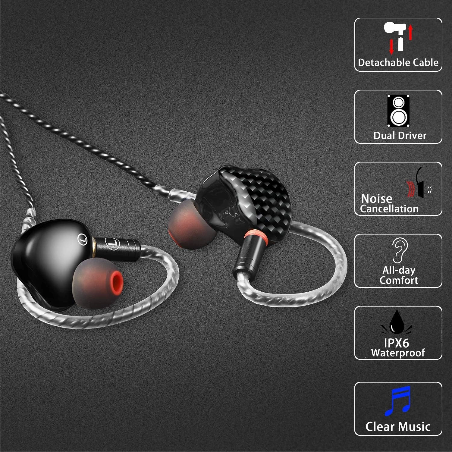 in Ear Monitor Headphones, HiFi Stereo IEM Earphones, Dynamic Dual Driver Wired Earbuds with Detachable Cable, Noise Canceling Headset for Singers Musicians Drummers Audiophile (Carbon Fiber)