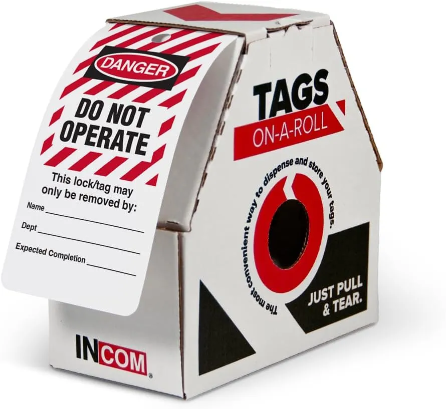INCOM Manufacturing Lockout Tags On A Roll, Danger Do Not Operate, Heavy-Duty DuraPly™ Stock, Waterproof And Tear-Resistant, Red/Black On White, 6.25 Inch X 3 Inch X 10 Mil Thickness, 250 pack,RT6025F