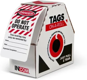 INCOM Manufacturing Lockout Tags On A Roll, Danger Do Not Operate, Heavy-Duty DuraPly™ Stock, Waterproof And Tear-Resistant, Red/Black On White, 6.25 Inch X 3 Inch X 10 Mil Thickness, 250 pack,RT6025F