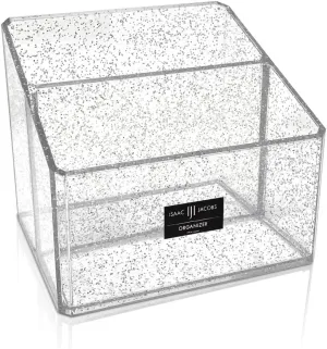 Isaac Jacobs Clear Acrylic 2-Section Organizer, Remote Holder & Multi-Functional Makeup, Brush, Pen & Pencil Storage Solution, for The Home, Bathroom, Office, Child’s Desk (2-Section, Silver Glitter)