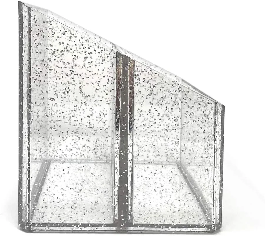 Isaac Jacobs Clear Acrylic 2-Section Organizer, Remote Holder & Multi-Functional Makeup, Brush, Pen & Pencil Storage Solution, for The Home, Bathroom, Office, Child’s Desk (2-Section, Silver Glitter)