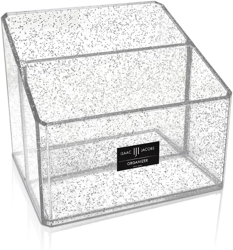 Isaac Jacobs Clear Acrylic 2-Section Organizer, Remote Holder & Multi-Functional Makeup, Brush, Pen & Pencil Storage Solution, for The Home, Bathroom, Office, Child’s Desk (2-Section, Silver Glitter)