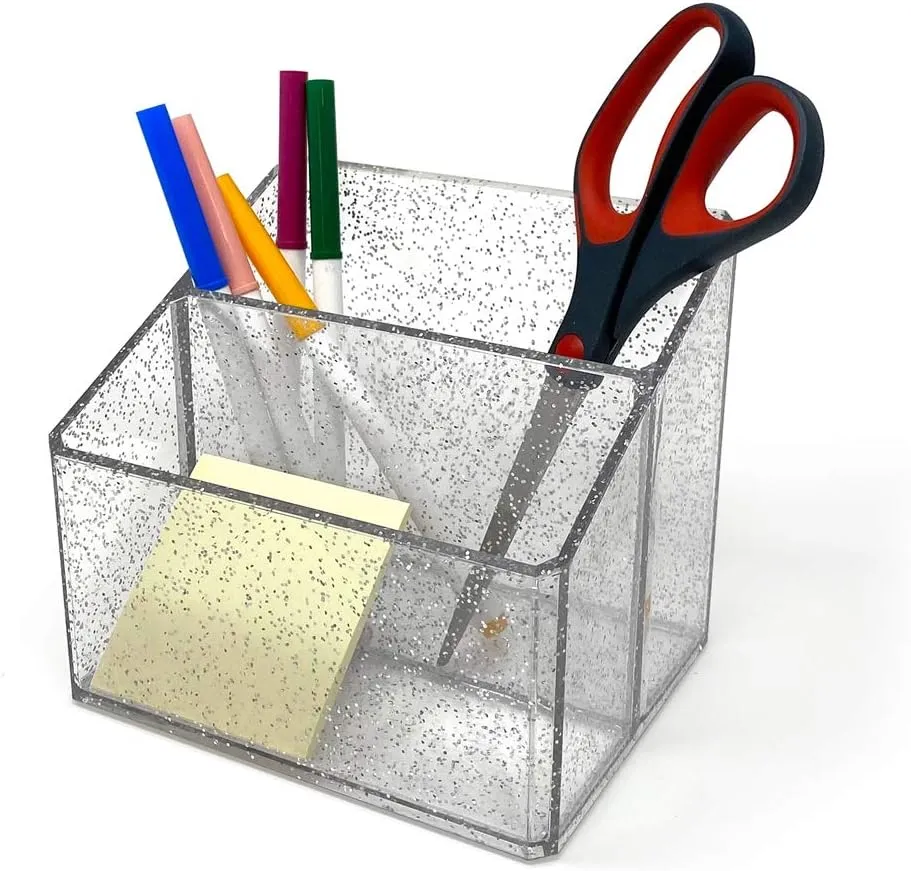 Isaac Jacobs Clear Acrylic 2-Section Organizer, Remote Holder & Multi-Functional Makeup, Brush, Pen & Pencil Storage Solution, for The Home, Bathroom, Office, Child’s Desk (2-Section, Silver Glitter)