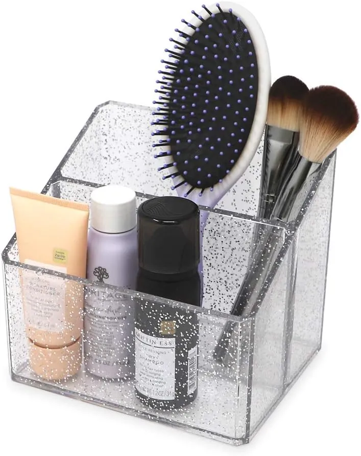 Isaac Jacobs Clear Acrylic 2-Section Organizer, Remote Holder & Multi-Functional Makeup, Brush, Pen & Pencil Storage Solution, for The Home, Bathroom, Office, Child’s Desk (2-Section, Silver Glitter)