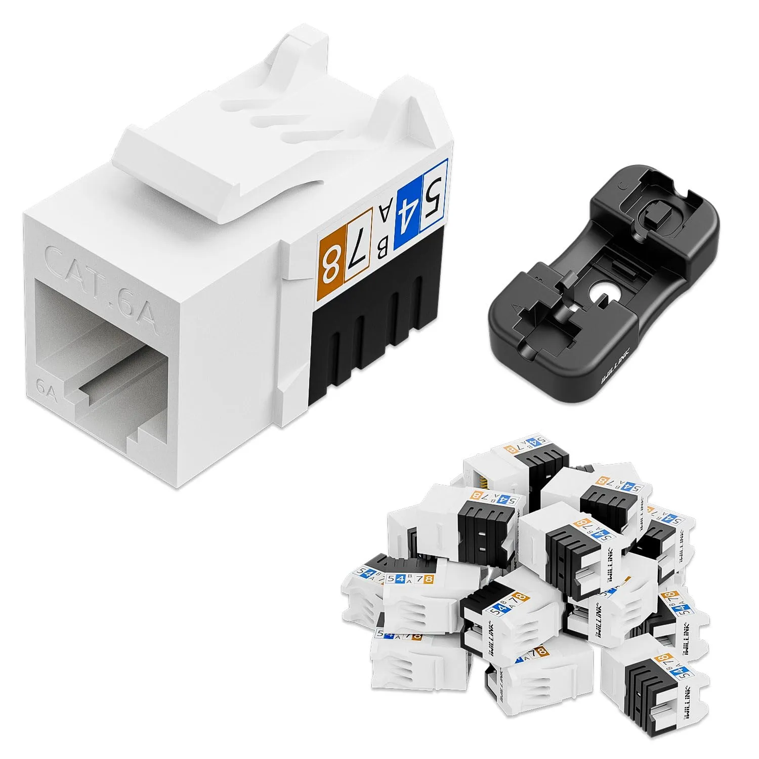 iwillink 10Gbps Cat6A Keystone Jack 25-Pack, RJ45 Keystone Jacks 90-Degree, Ethernet Keystone Jacks with Keystone Punch-Down Stand, White