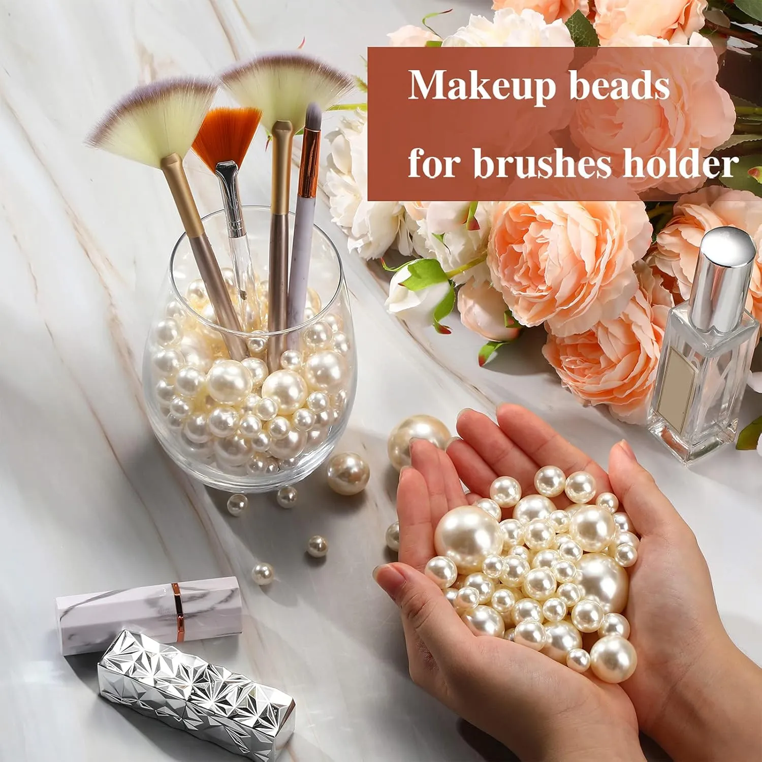 Jadive 200 Pieces Pearl Beads for Vase Filler Centerpieces, No Holes Pearl Makeup Beads for Wedding Holiday Party Home Brushes Holder Decor, 10/14/20/30 mm(White)