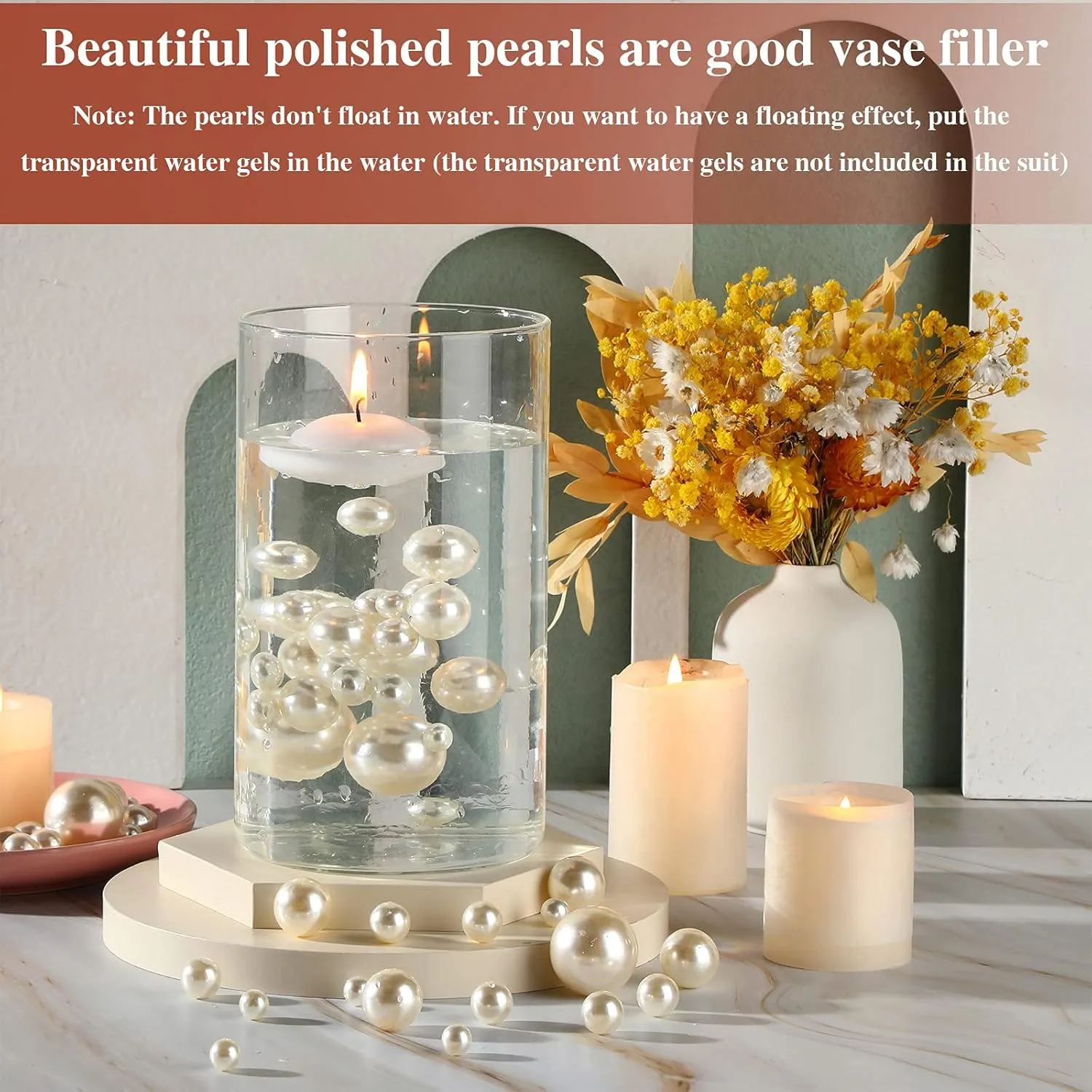 Jadive 200 Pieces Pearl Beads for Vase Filler Centerpieces, No Holes Pearl Makeup Beads for Wedding Holiday Party Home Brushes Holder Decor, 10/14/20/30 mm(White)