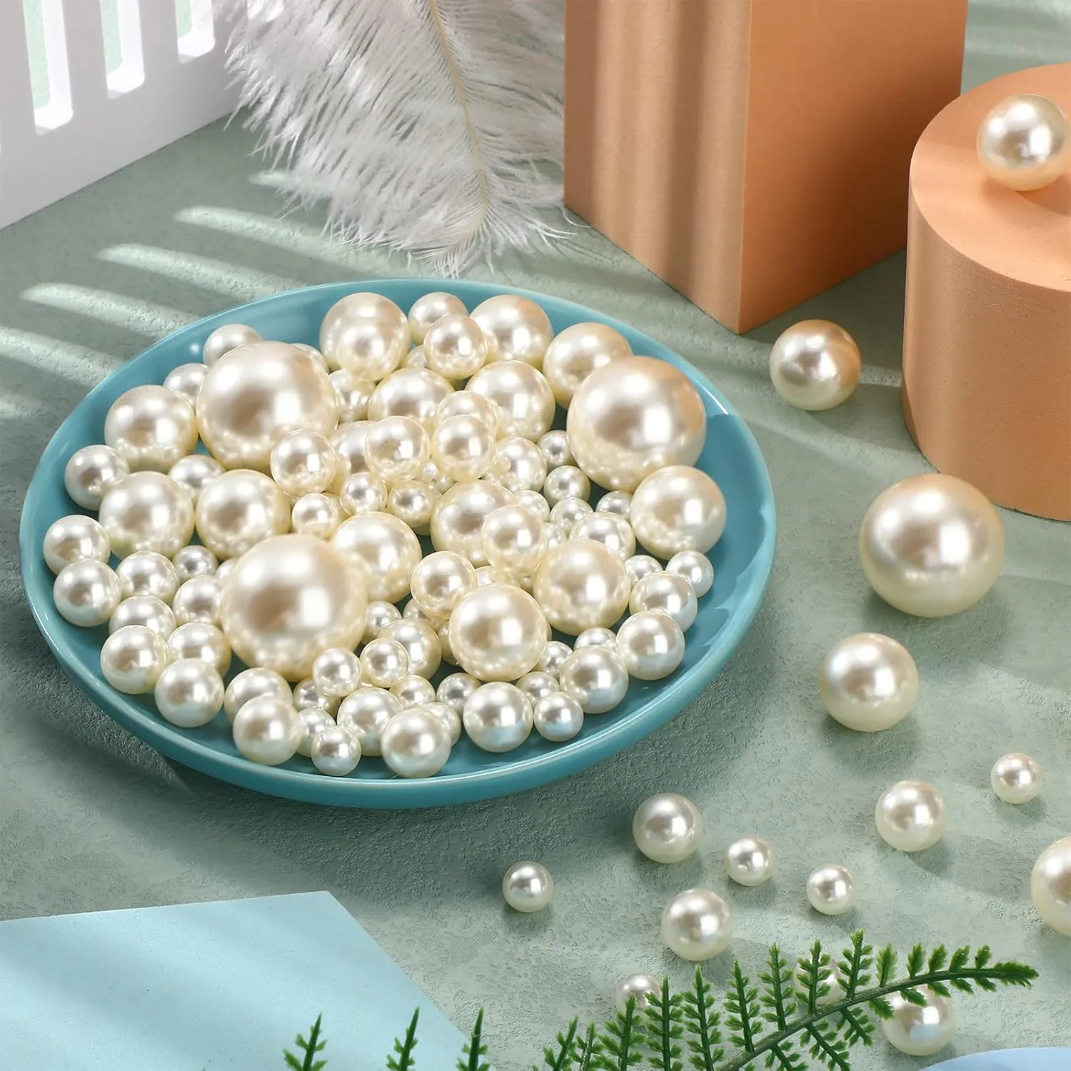 Jadive 200 Pieces Pearl Beads for Vase Filler Centerpieces, No Holes Pearl Makeup Beads for Wedding Holiday Party Home Brushes Holder Decor, 10/14/20/30 mm(White)