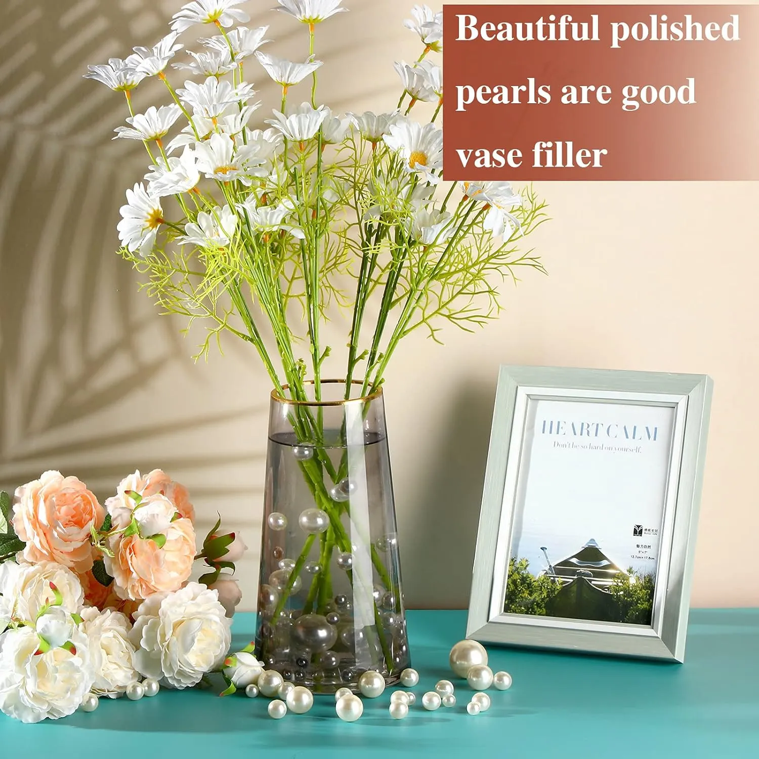 Jadive 200 Pieces Pearl Beads for Vase Filler Centerpieces, No Holes Pearl Makeup Beads for Wedding Holiday Party Home Brushes Holder Decor, 10/14/20/30 mm(White)