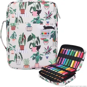 JAKAGO 220 Slots Colored Pencil Case Large Capacity Pen Holder for Artist Painter Zipper Organizer Bag for Marker Highlighter Storage Case for Office Sketch Travel Supplies (Green Plant Cat)