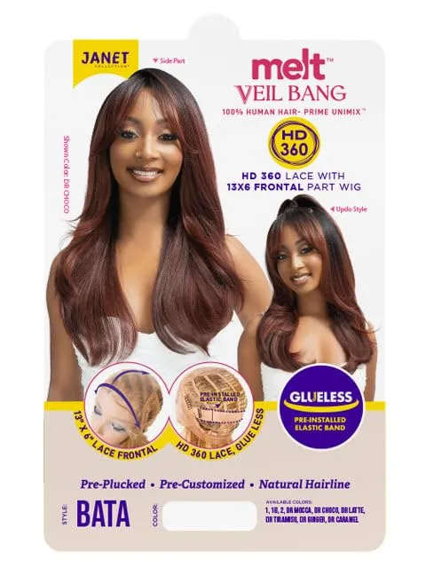 Janet Collection melt VEIL BANG HD 360 HUMAN HAIR BLEND PRIME UNIMIX Hand-Tied 13X6 Frontal with HD 360 Glueless Transparent Lace BATA Wig (COLOR #DR GINGER)