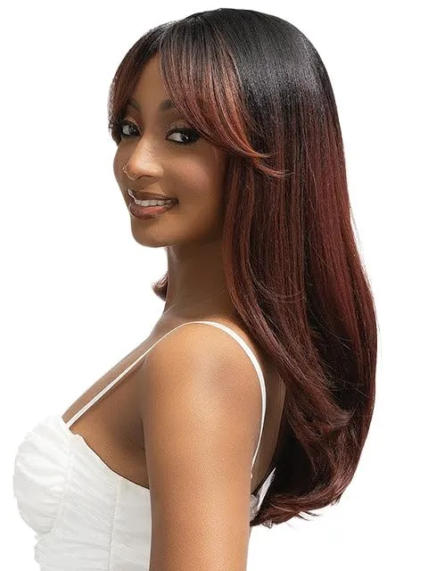 Janet Collection melt VEIL BANG HD 360 HUMAN HAIR BLEND PRIME UNIMIX Hand-Tied 13X6 Frontal with HD 360 Glueless Transparent Lace BATA Wig (COLOR #DR GINGER)