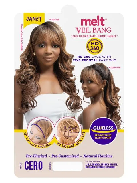 Janet Collection melt VEIL BANG HD 360 HUMAN HAIR BLEND PRIME UNIMIX Hand-Tied 13X6 Frontal with HD 360 Glueless Transparent Lace CERO Wig (COLOR #DR CHOCO)