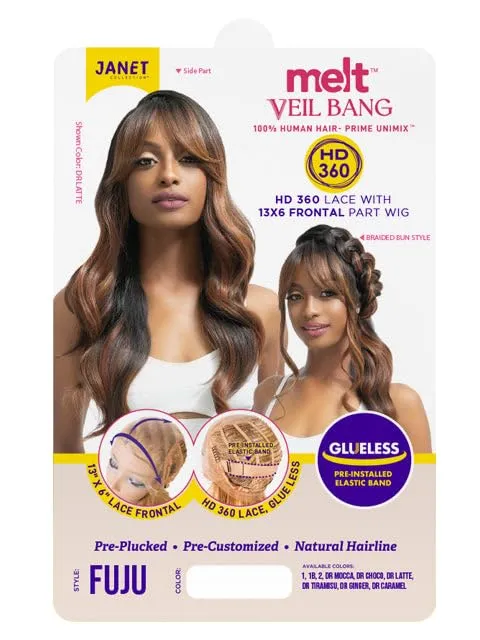 Janet Collection melt VEIL BANG HD 360 HUMAN HAIR BLEND PRIME UNIMIX Hand-Tied 13X6 Frontal with HD 360 Glueless Transparent Lace FUJU Wig (COLOR #1B)