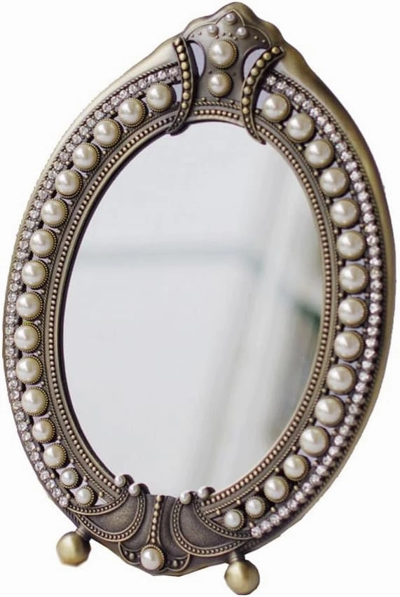 JSEIAJB Pearl Silver Mirrors Desktop Dressing Mirrors Makeup Mirrors European Table Mirrors Wedding Table Cabinet Mirrors(34.5 * 25.5cm)