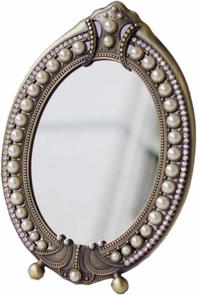 JSEIAJB Pearl Silver Mirrors Desktop Dressing Mirrors Makeup Mirrors European Table Mirrors Wedding Table Cabinet Mirrors(34.5 * 25.5cm)