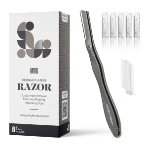 Jungle Culture Dermaplane Razor • Precision Eyebrow Shaping, Exfoliation & Hair Removal for Radiant Skin • Reusable Dermaplaning Tool • Facial Razor with 5 Refill Blades • Microblade Shaver • Black