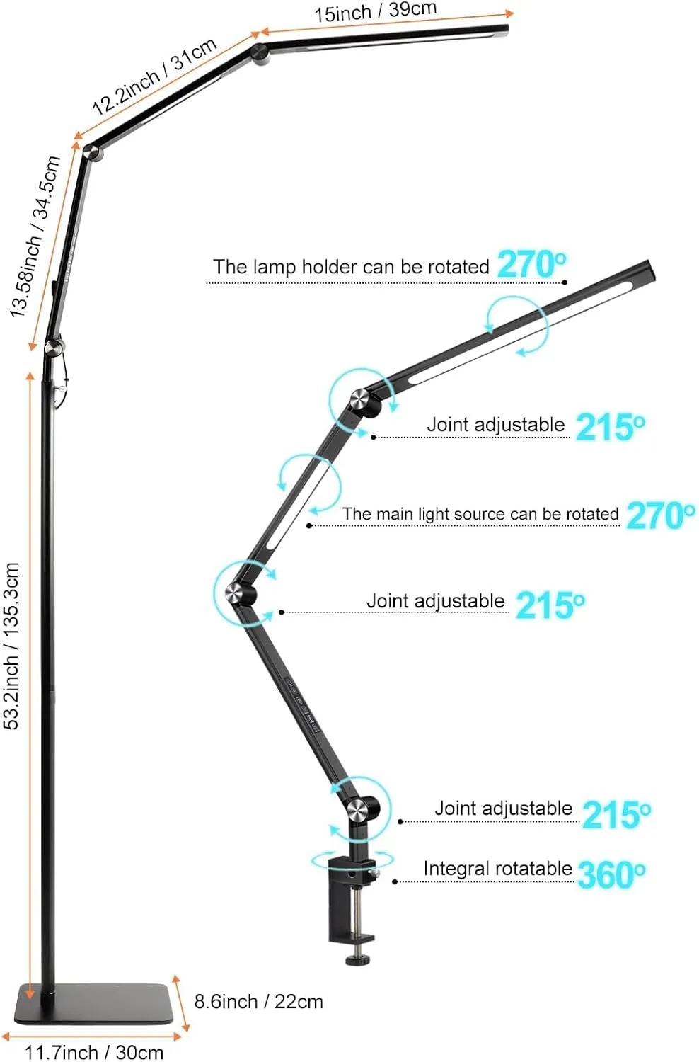 Kalolary 2 in 1 Dual Light Sources Floor Lamp 3000-6000K Adjustable Brightness LED Reading Lamp with Phone Holder and Desk Clip Esthetician Lash Light for Tattoo, Nails, Beauty, Study