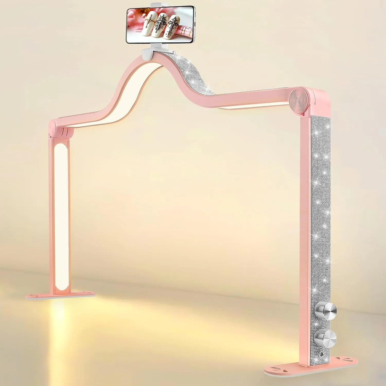 Kalolary Half Moon Light for Nail Desk, Foldable Arch Light Nail Techs Lamp with Phone Holder, 3000-6000K Brightness Adjustable LED Lash Light Lamp for Beauty, Eyelashes, Tattoos(Crystal Diamond),Pink