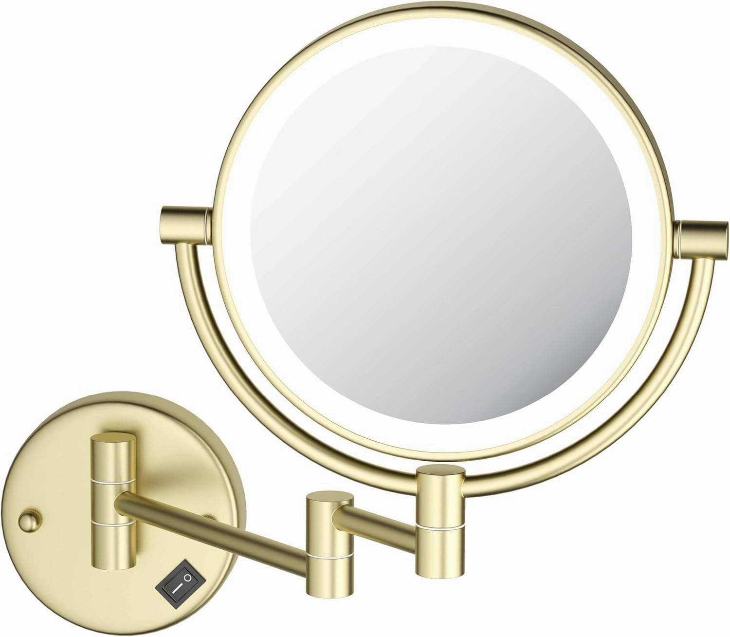 KIBI Circular Wall Mount Makeup Mirror with LED Lights, Dual-Sided 1x/5x Magnifying Mirror with Adjustable Arm, 360° Swivel, Solid Brass Construction for Durability and Style (Brushed Gold, KMM101)