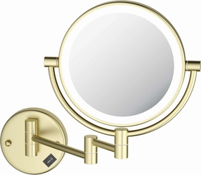KIBI Circular Wall Mount Makeup Mirror with LED Lights, Dual-Sided 1x/5x Magnifying Mirror with Adjustable Arm, 360° Swivel, Solid Brass Construction for Durability and Style (Brushed Gold, KMM101)