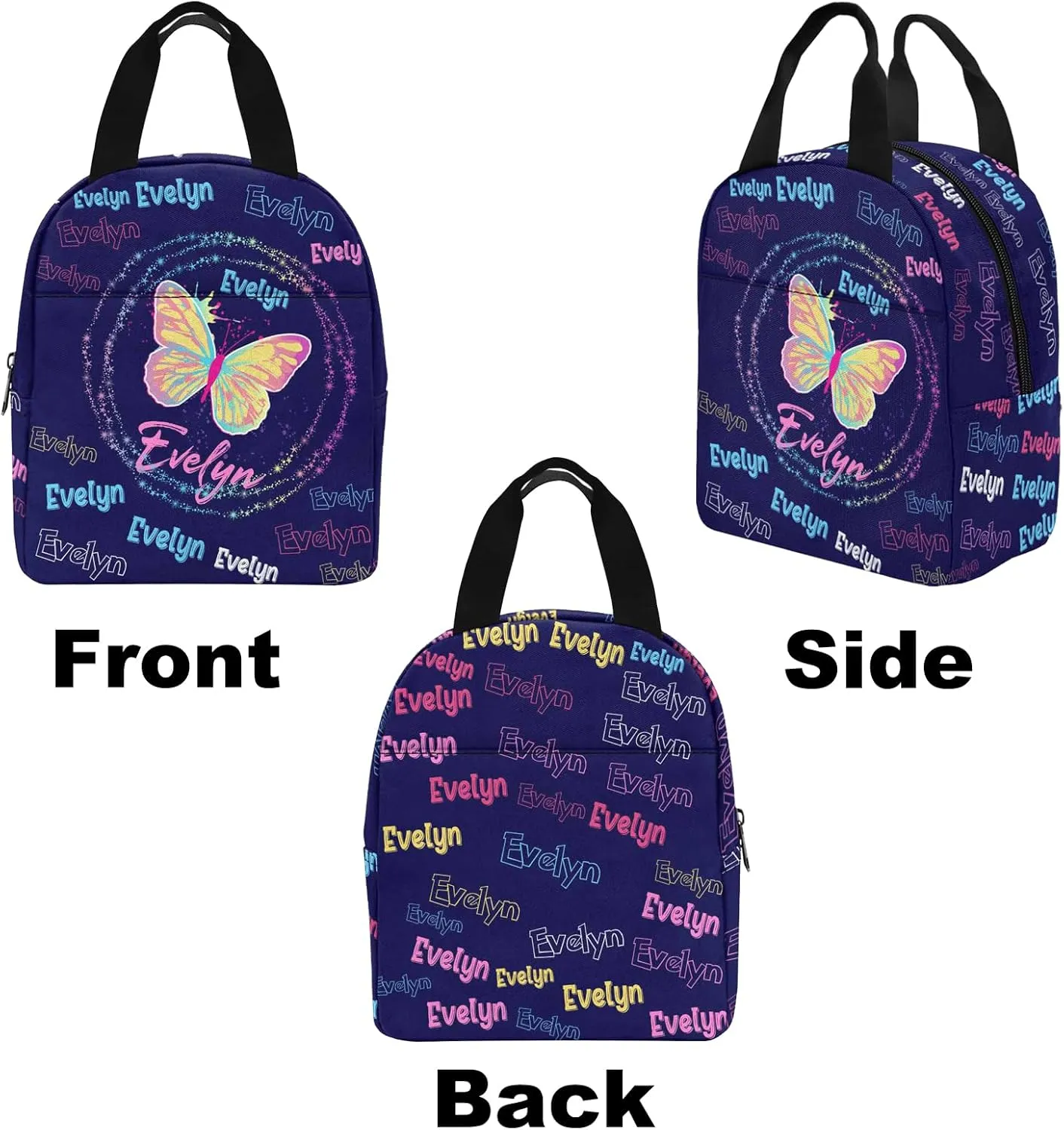 Kid's Backpack with Lunch Bag Box Pencil Pouch for Girls Butterfly Personalized Multi Name School Bag for Daughter Granddaughter 3 in 1 Bookbags Set Schoolbag for School Season