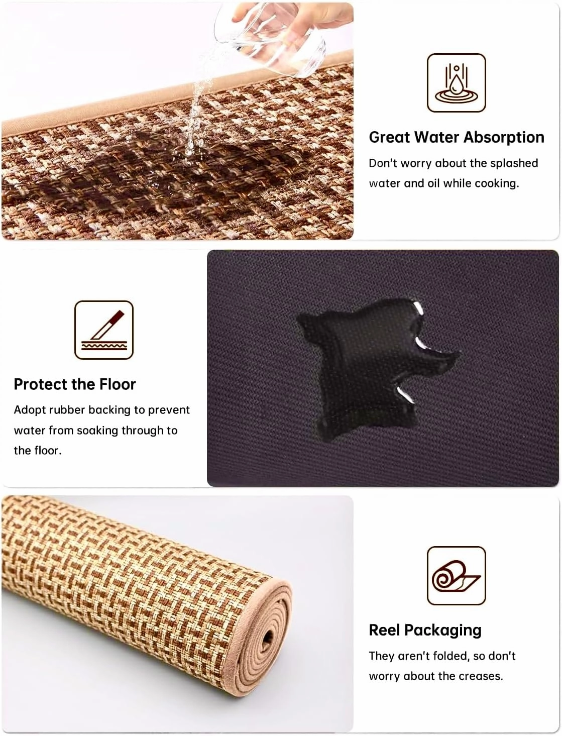 Kitchen Rugs and Mats Non Skid Washable Set of 2 PCS, Absorbent Runner Rugs for Kitchen, Farmhouse Weave Floor Mats in Front of Sink, 17.3"x 47" 17.3"x 29" (Brown)