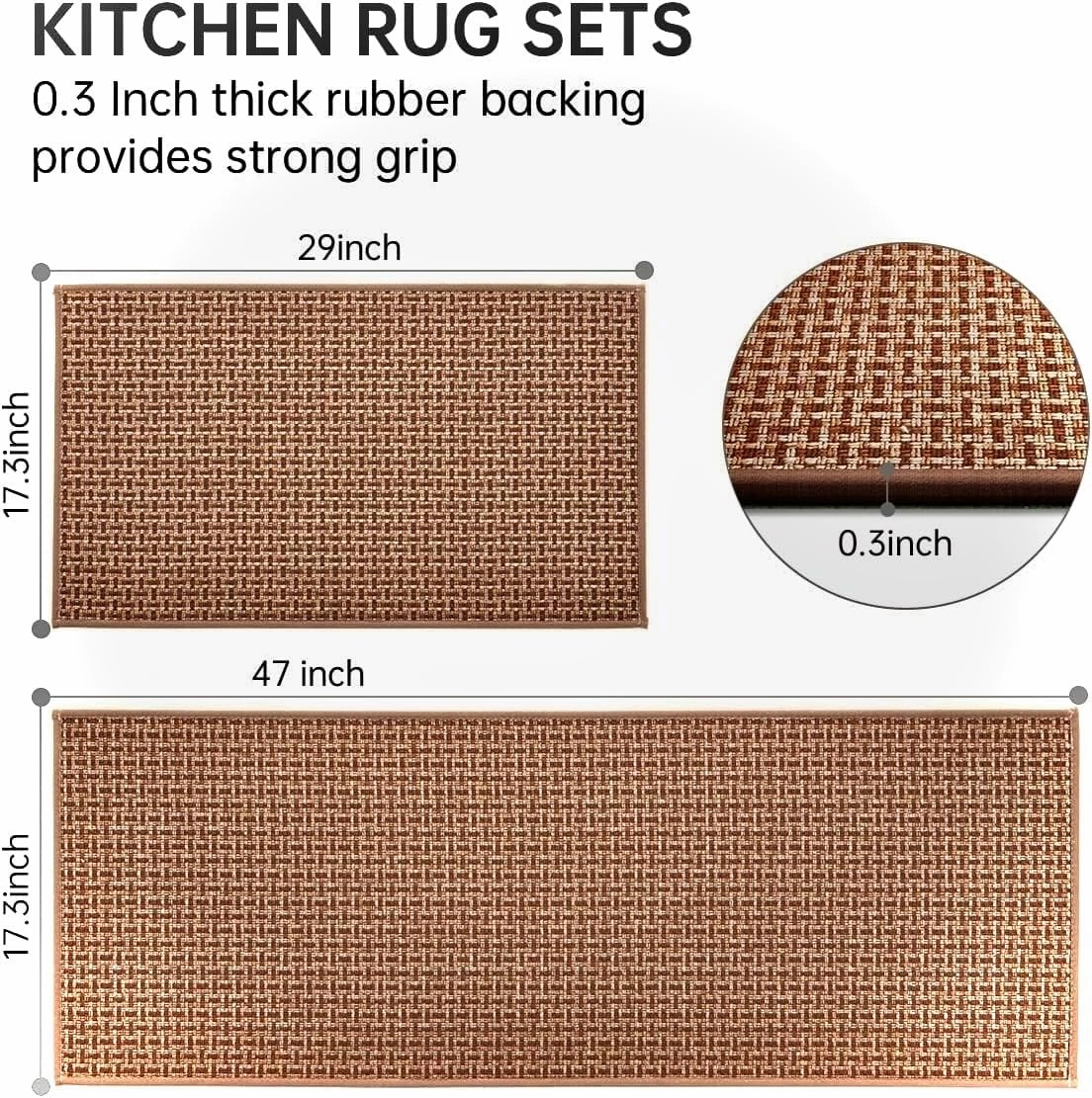 Kitchen Rugs and Mats Non Skid Washable Set of 2 PCS, Absorbent Runner Rugs for Kitchen, Farmhouse Weave Floor Mats in Front of Sink, 17.3"x 47" 17.3"x 29" (Brown)