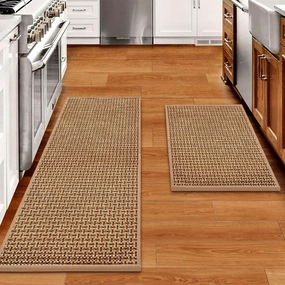 Kitchen Rugs and Mats Non Skid Washable Set of 2 PCS, Absorbent Runner Rugs for Kitchen, Farmhouse Weave Floor Mats in Front of Sink, 17.3"x 47" 17.3"x 29" (Brown)