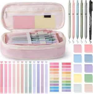 KOUDGY 49Pcs Book Annotation Kit - Aesthetic Pencil Case Bag with Highlighters Gel Pens and Marker, 900 Sheets Transparent Index Tabs Sticky Notes Bible Study Supplies (Pink)