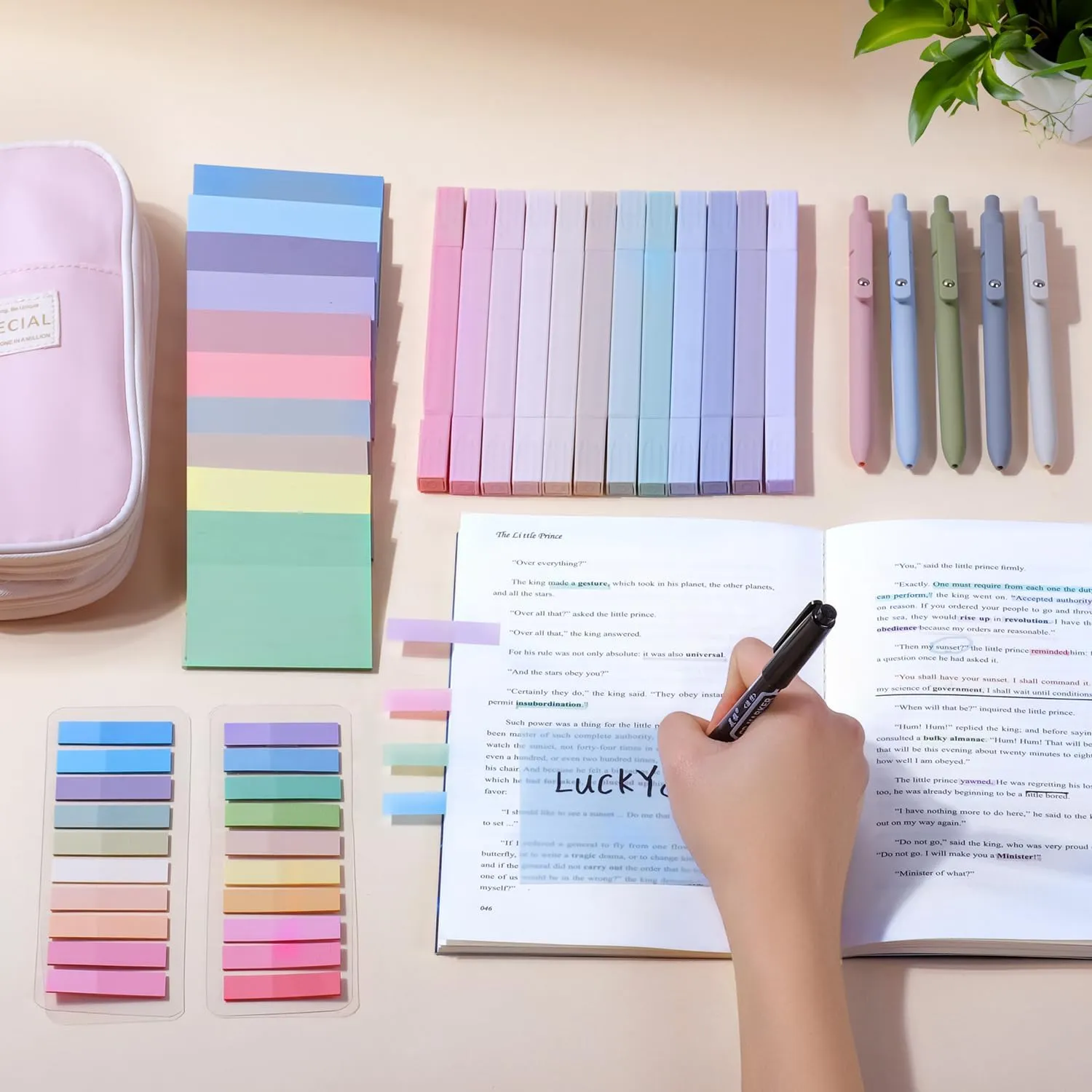 KOUDGY 49Pcs Book Annotation Kit - Aesthetic Pencil Case Bag with Highlighters Gel Pens and Marker, 900 Sheets Transparent Index Tabs Sticky Notes Bible Study Supplies (Pink)