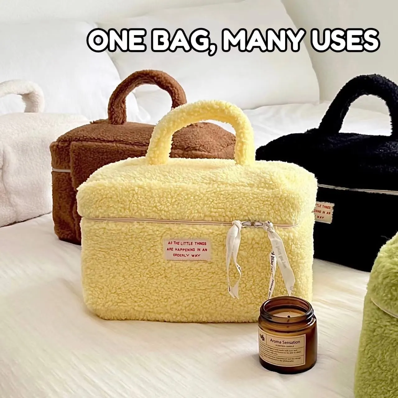 Large Capacity Fuzzy Makeup Bag Soft Plush Preppy Travel Cosmetic Bag Toiletry Bag Makeup Pouch for Teens Women Girls