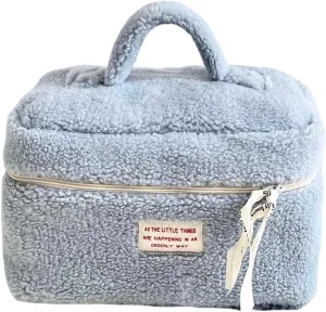 Large Capacity Fuzzy Makeup Bag Soft Plush Preppy Travel Cosmetic Bag Toiletry Bag Makeup Pouch for Teens Women Girls