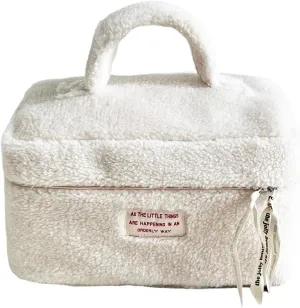 Large Capacity Fuzzy Makeup Bag Soft Plush Preppy Travel Cosmetic Bag Toiletry Bag Makeup Pouch for Teens Women Girls