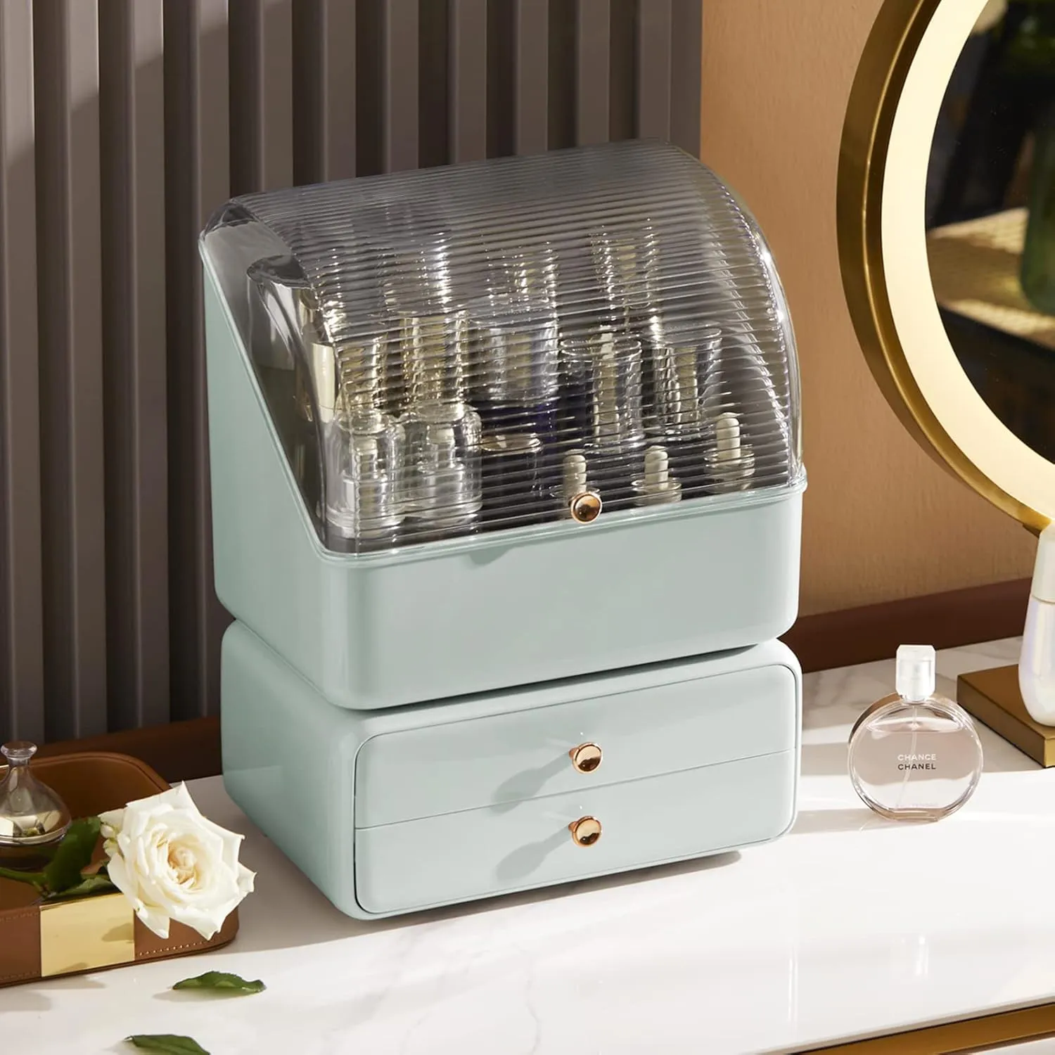 Large Makeup Organizer with Brush Holder, Makeup and Skincare Organizer for Vanity, Cosmetics Skincare Organizers with Lid and Drawers for Countertop, Bathroom, Dresser, Ideal Gifts for Women