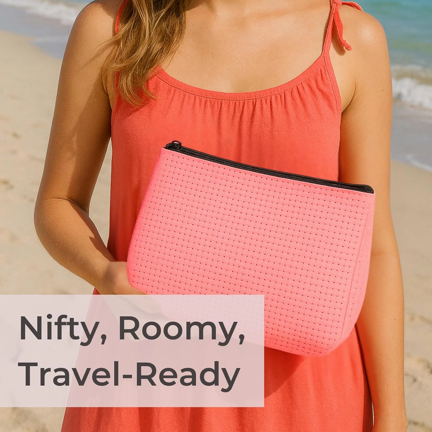 Large Makeup Bag with Zipper, Neon Pink - Waterproof Neoprene Cosmetic Bag 7.7 x 10.75 x 5 inches
