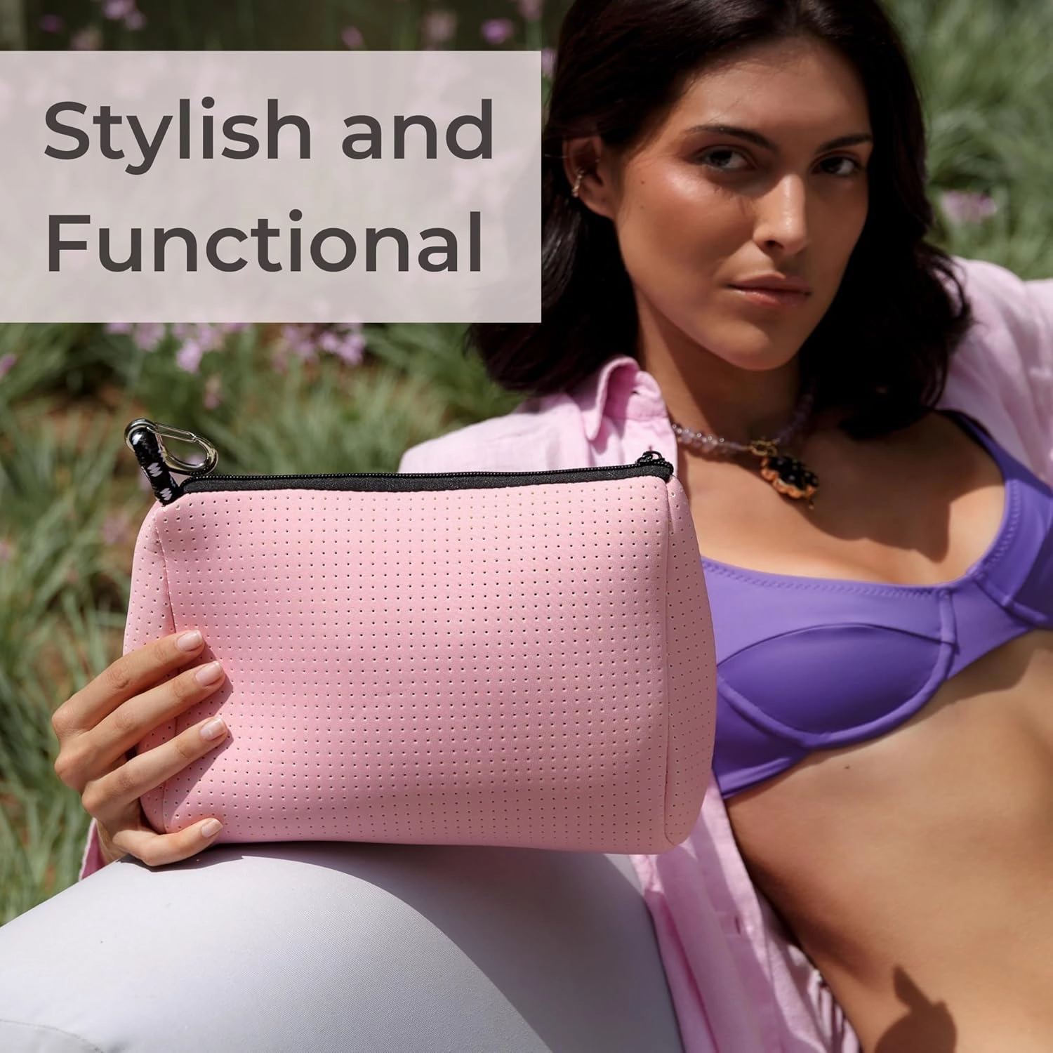 Large Makeup Bag with Zipper, Neon Pink - Waterproof Neoprene Cosmetic Bag 7.7 x 10.75 x 5 inches